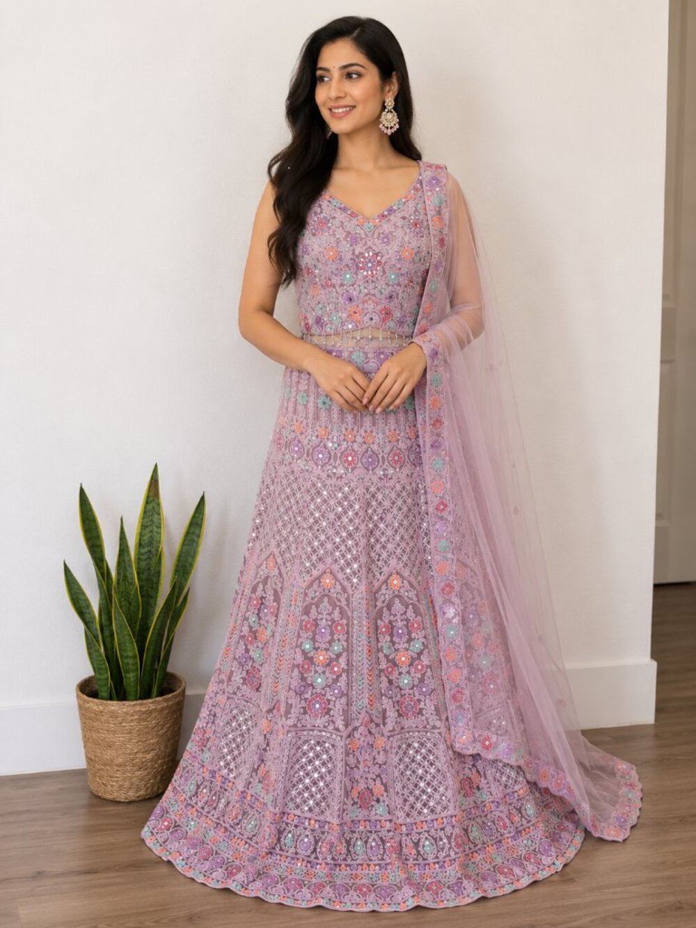 Pastel Lilac Embroidered Lehenga Set with Dupatta | Wedding & Party Wear